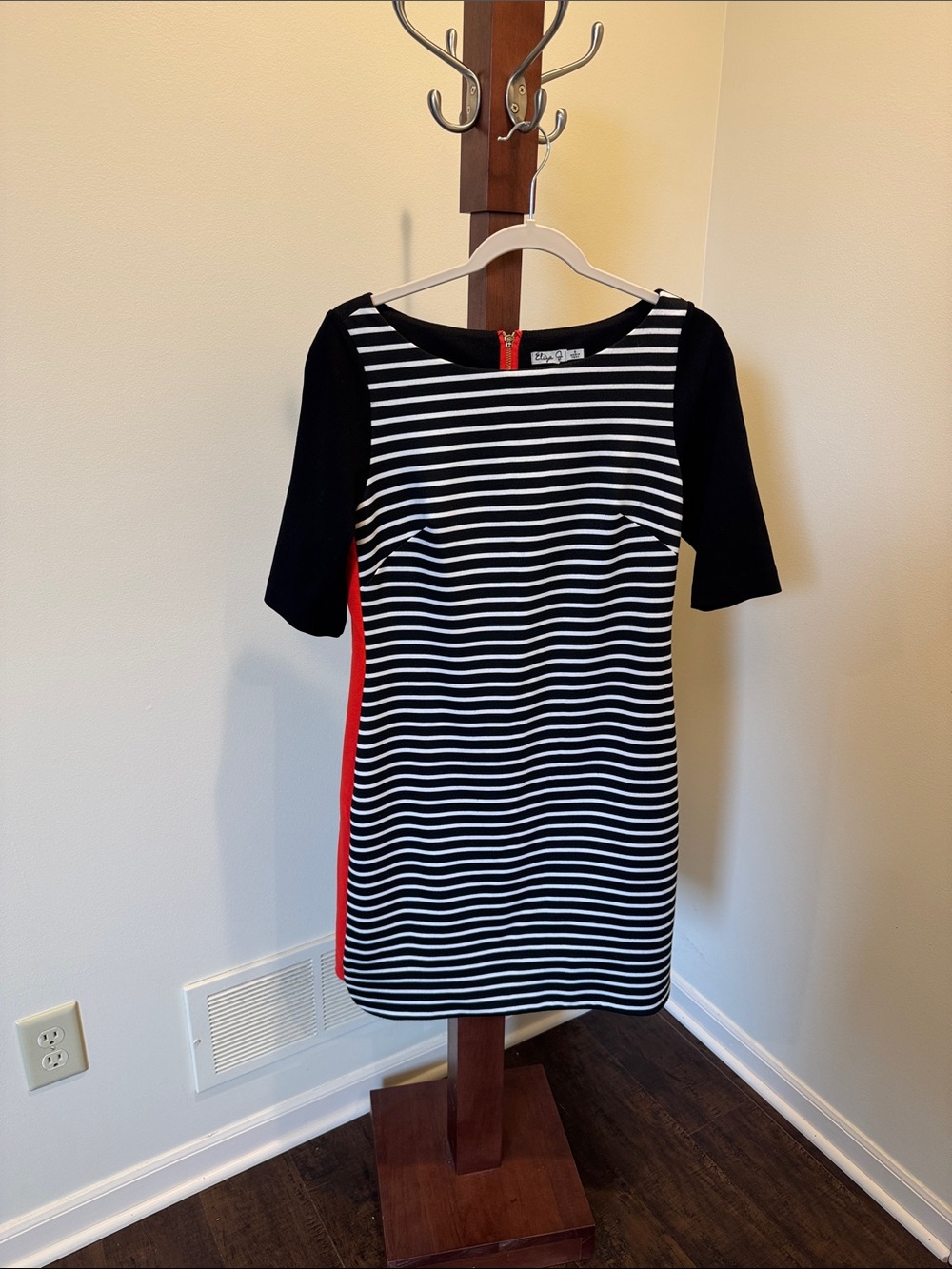 Eliza J Black & White Striped Midi Dress with Red Trim